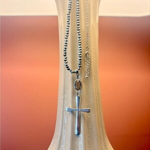 Long Silver Faceted Beaded Cross Pendant Necklace.36”